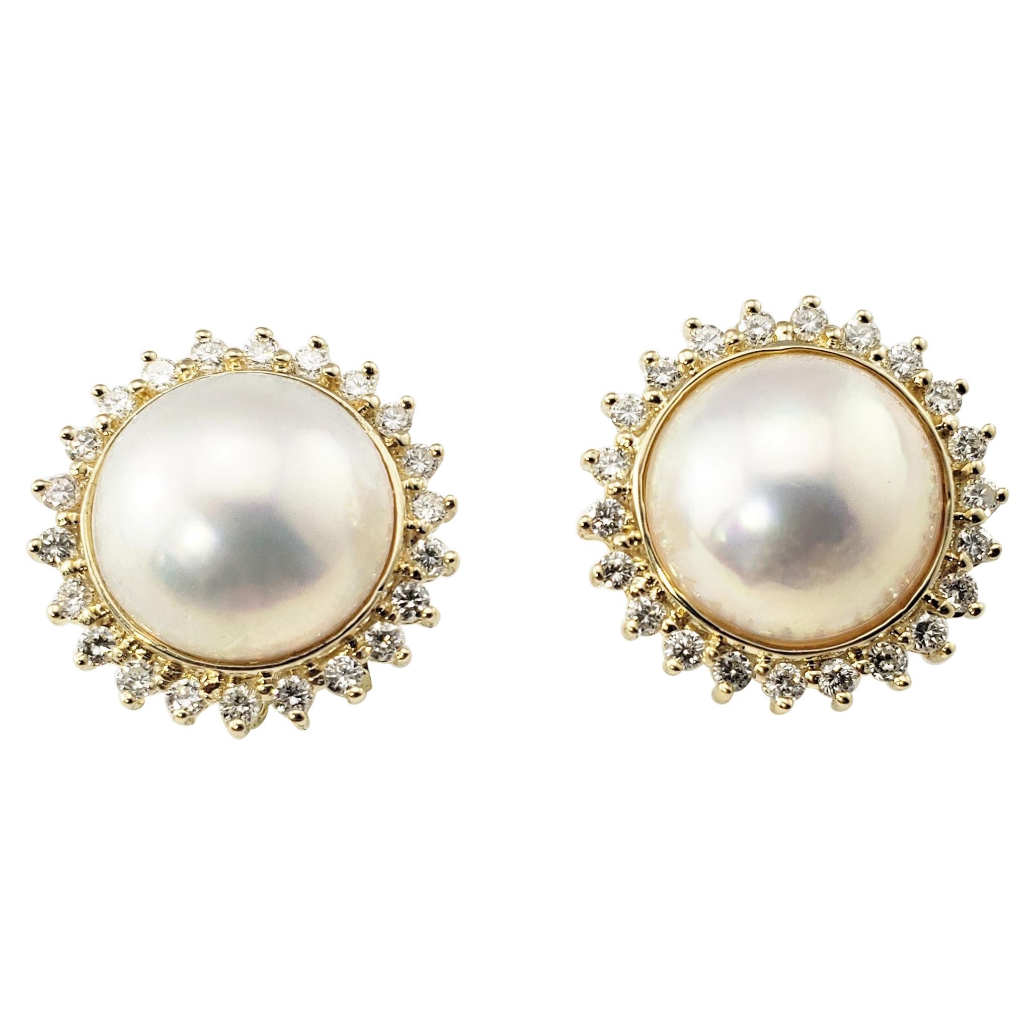 14 Karat Yellow Gold Pearl and Diamond Earrings For Sale