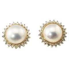 14 Karat Yellow Gold Pearl and Diamond Earrings