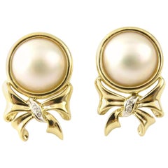 Vintage 14 Karat Yellow Gold Pearl and Diamond Earrings