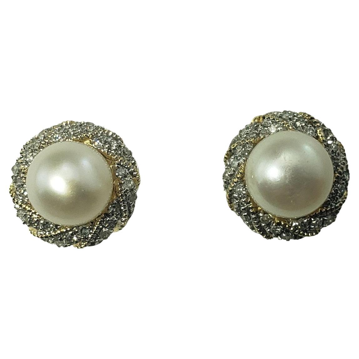 14 Karat Yellow Gold Pearl and Diamond Earrings For Sale