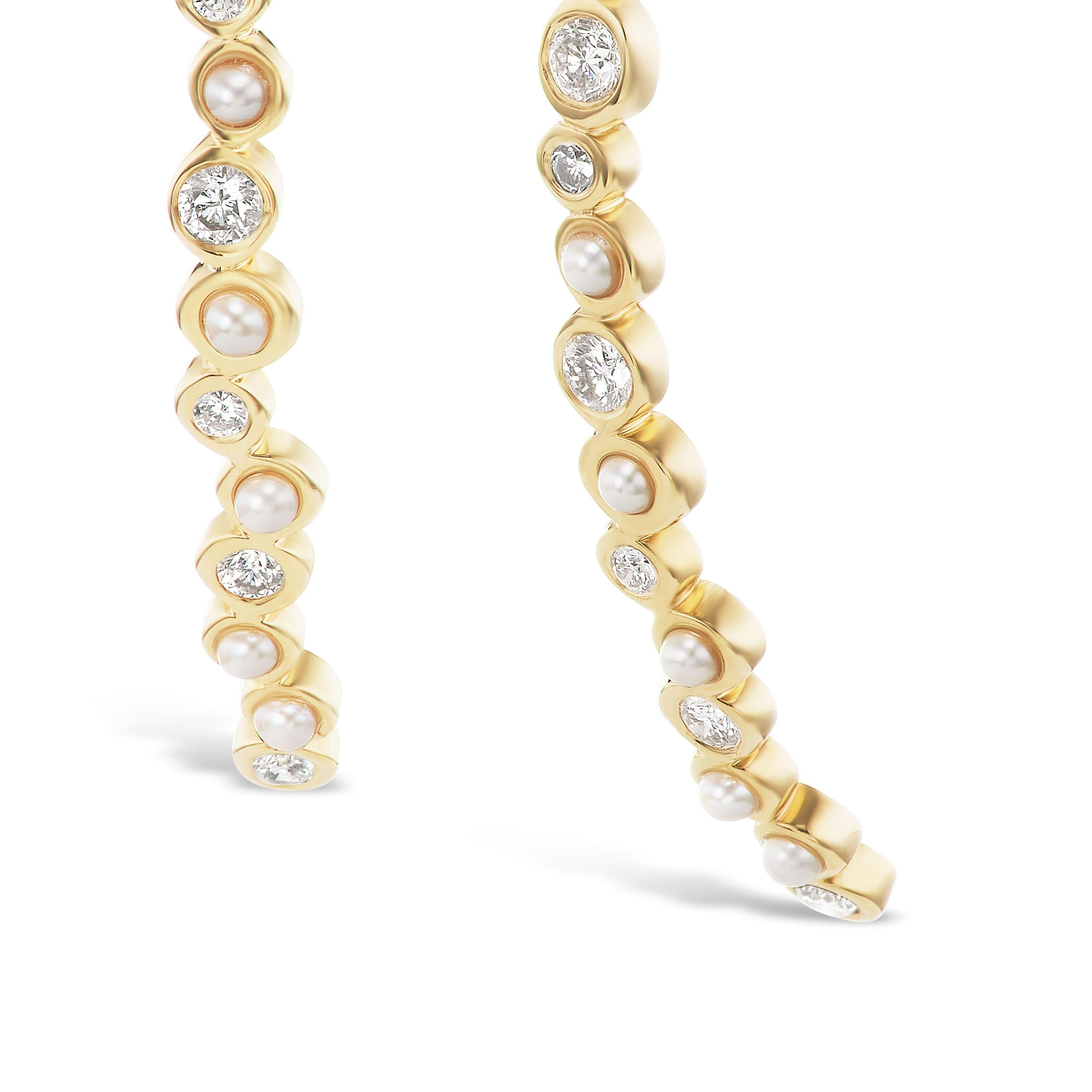 Contemporary 14 karat yellow gold Pearl and diamond linear earrings Hi June Parker For Sale