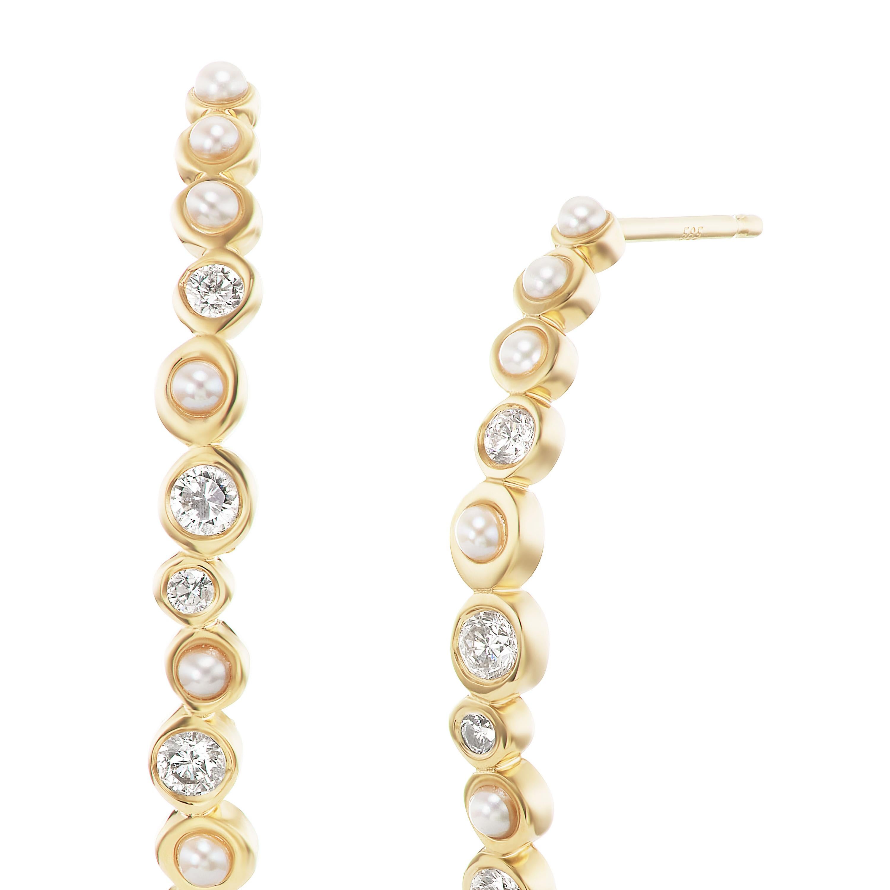Round Cut 14 karat yellow gold Pearl and diamond linear earrings Hi June Parker For Sale