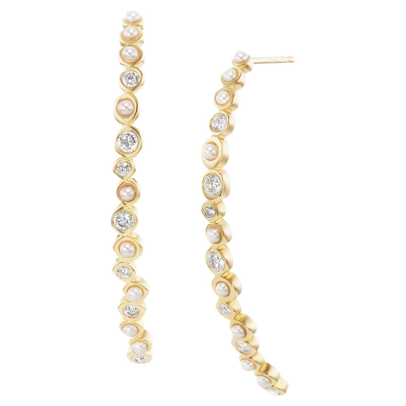 14 karat yellow gold Pearl and diamond linear earrings Hi June Parker For Sale