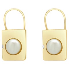 14 Karat Yellow Gold Pearl and Diamond Padlock Earrings