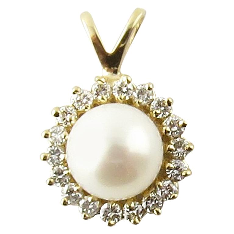 14 Karat Yellow Gold Pearl and Diamond Pendant