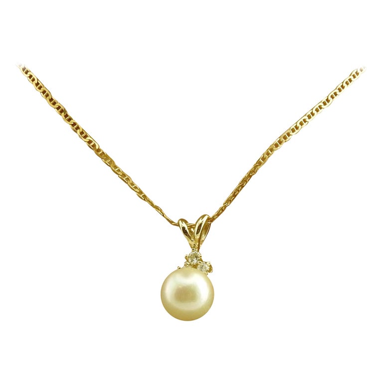 14 Karat Yellow Gold Pearl and Diamond Pendant at 1stDibs