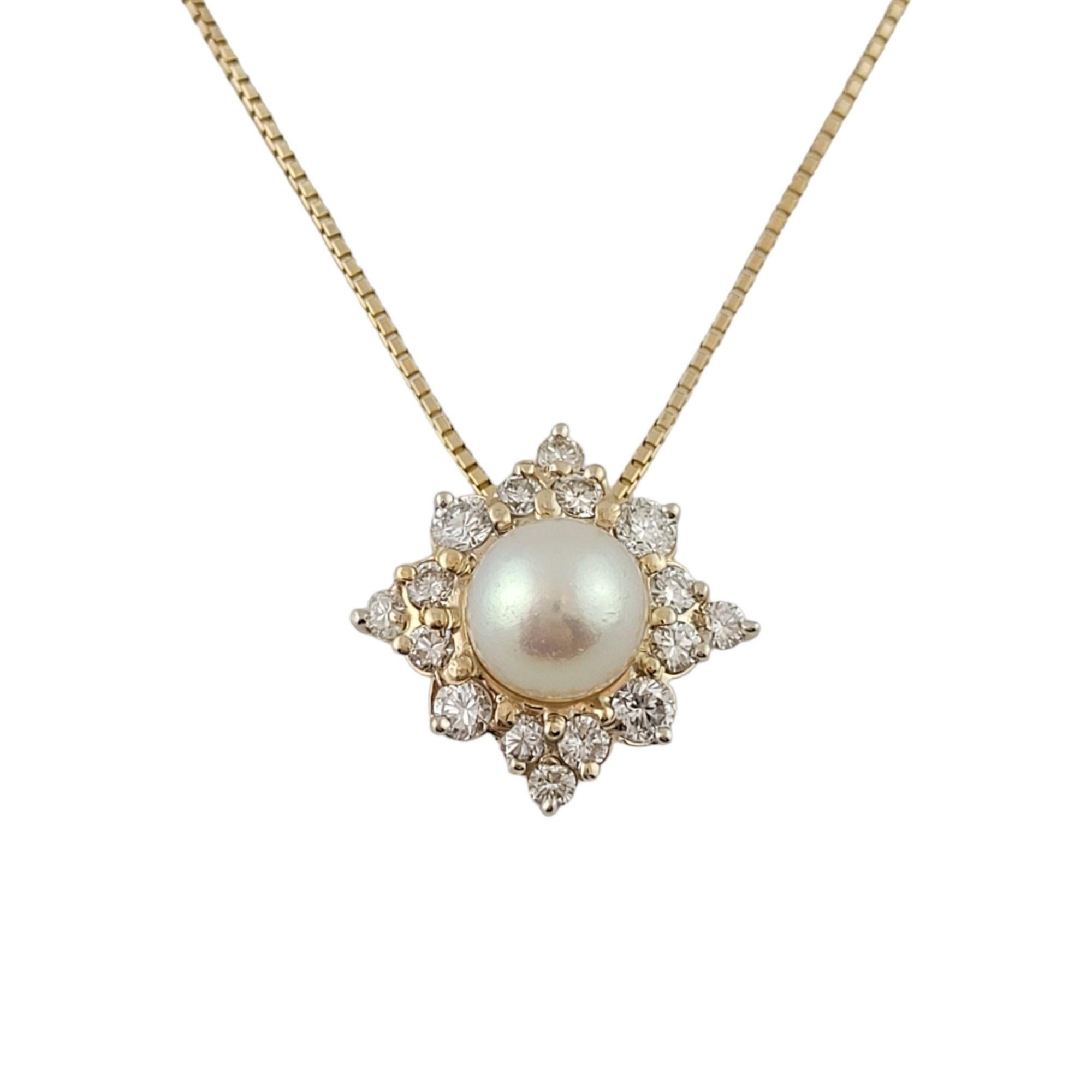 Round Cut 14 Karat Yellow Gold Pearl and Diamond Pendant Necklace For Sale