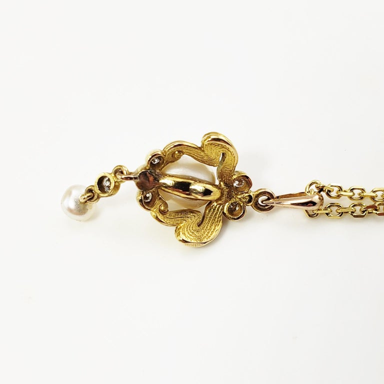 14 Karat Yellow Gold Pearl and Diamond Pendant Necklace For Sale at 1stDibs