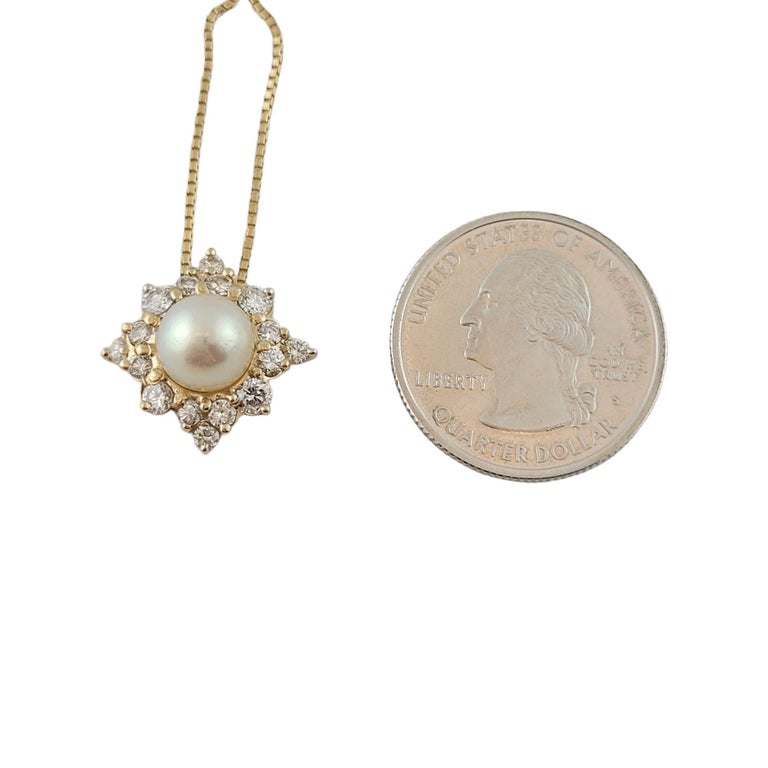 14 Karat Yellow Gold Pearl and Diamond Pendant Necklace For Sale at 1stDibs