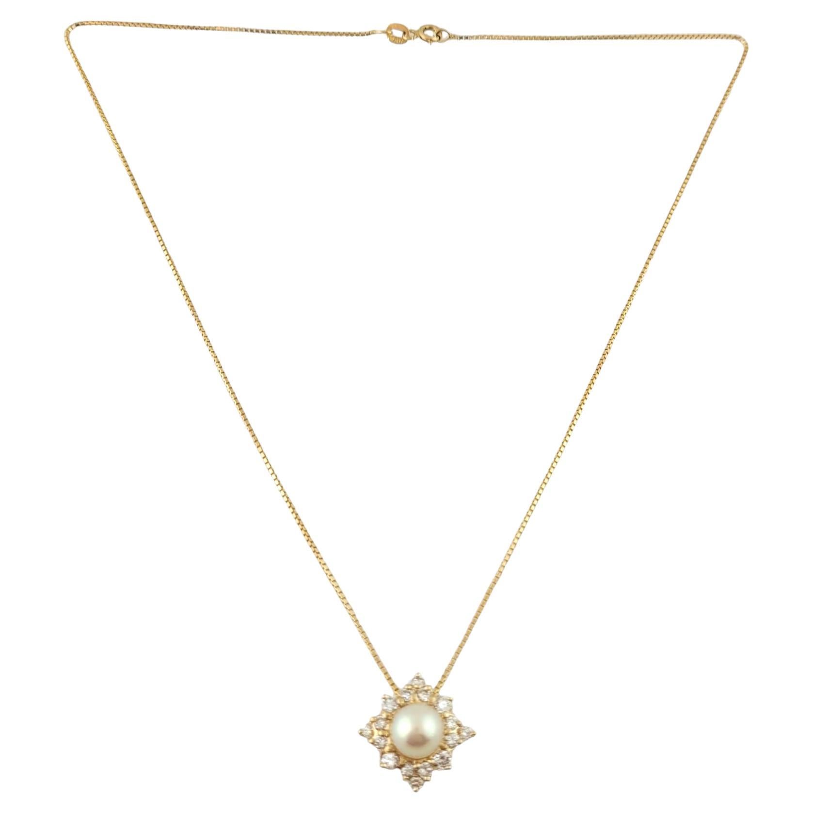 14 Karat Yellow Gold Pearl and Diamond Pendant Necklace