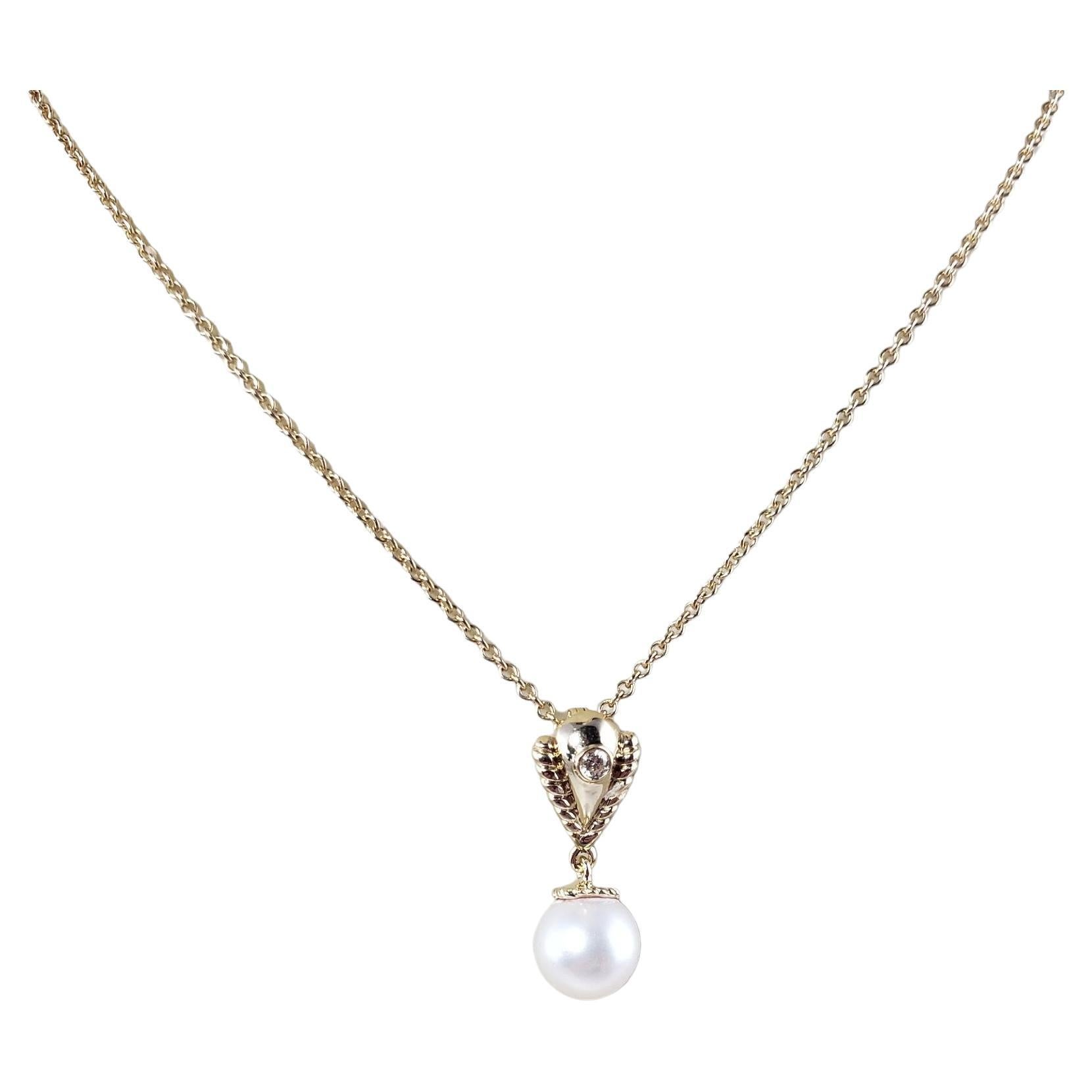14 Karat Yellow Gold Pearl and Diamond Pendant Necklace For Sale