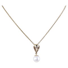 14 Karat Yellow Gold Pearl and Diamond Pendant Necklace