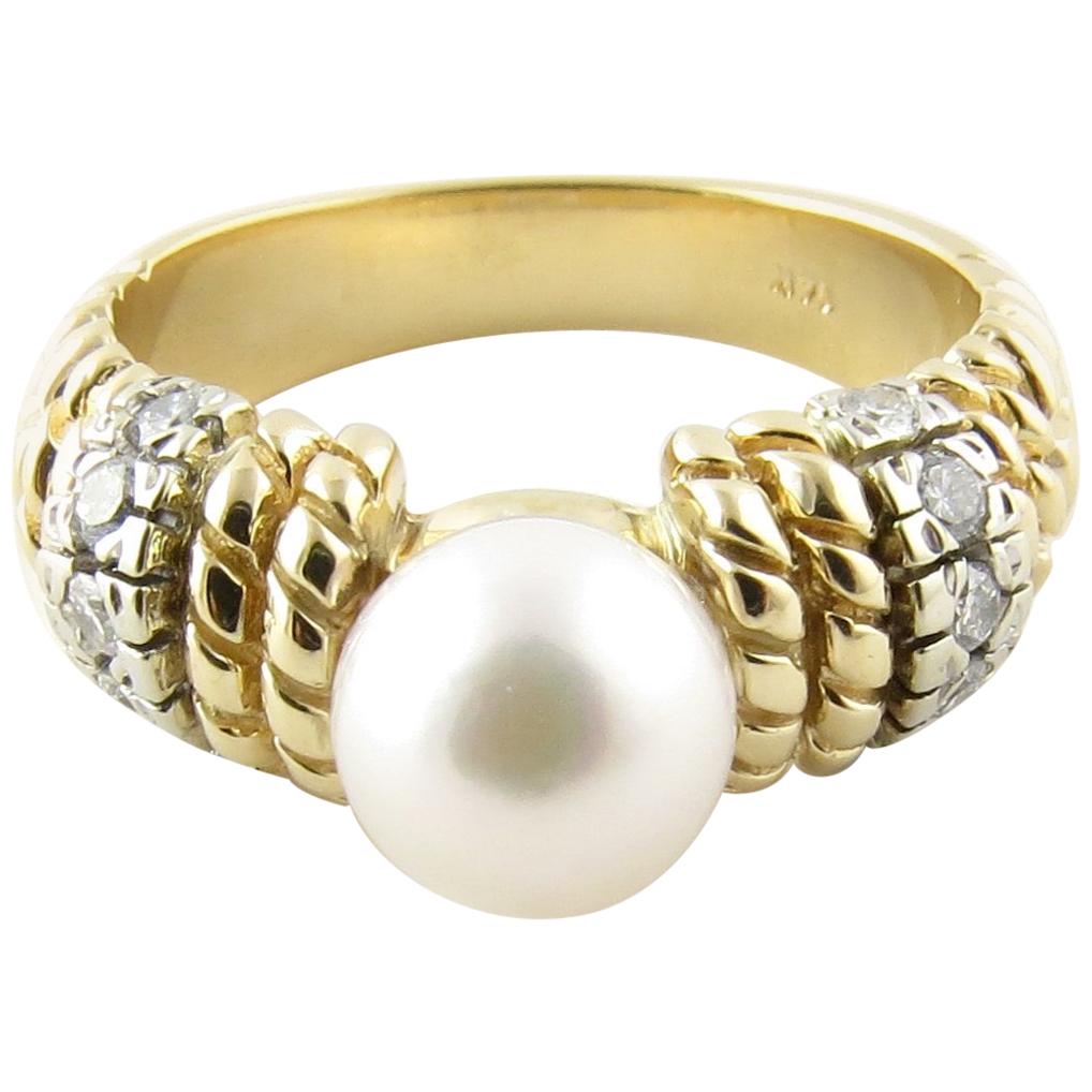 14 Karat Yellow Gold Pearl and Diamond Ring