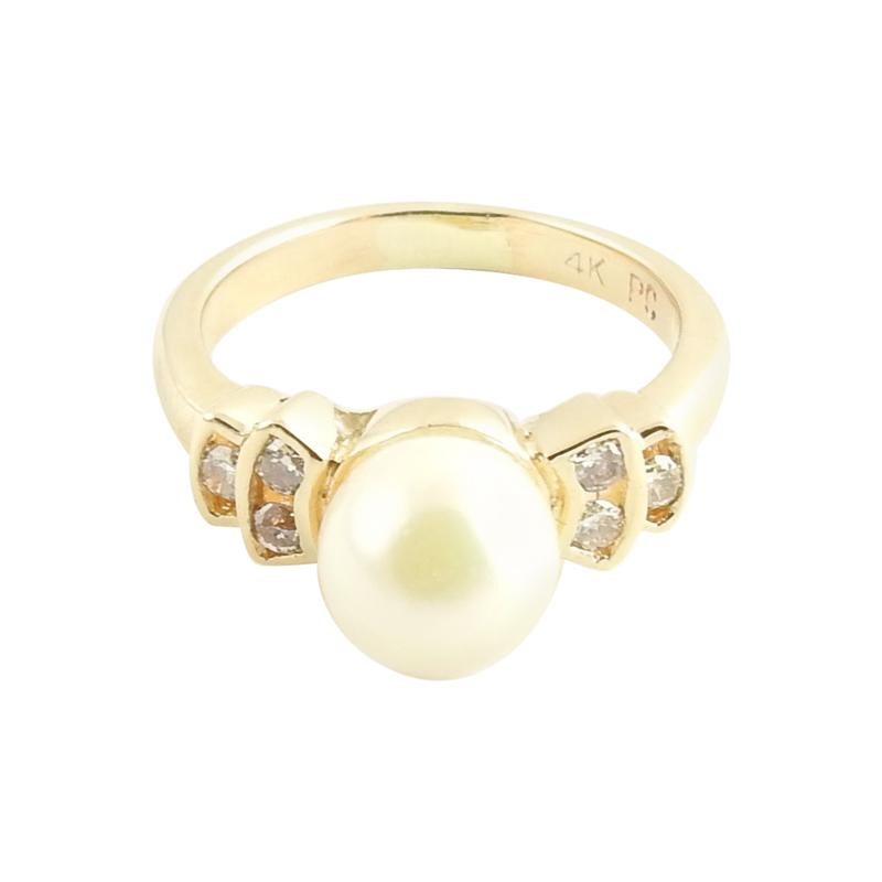 14 Karat Yellow Gold Pearl and Diamond Ring