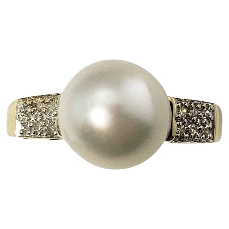 14 Karat Yellow Gold Pearl and Diamond Ring For Sale