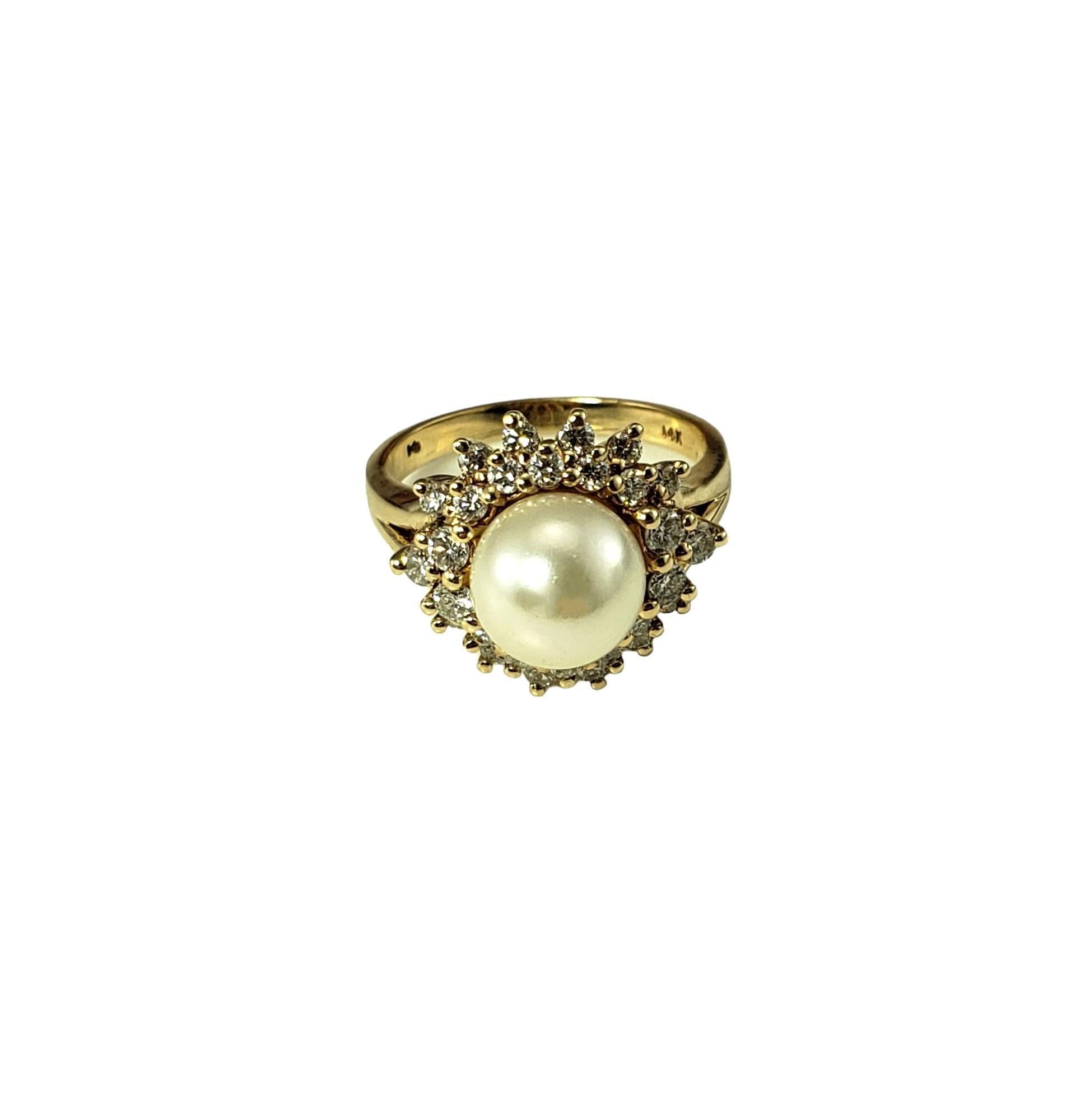 Round Cut 14 Karat Yellow Gold Pearl and Diamond Ring Size 7.5 #16651 For Sale