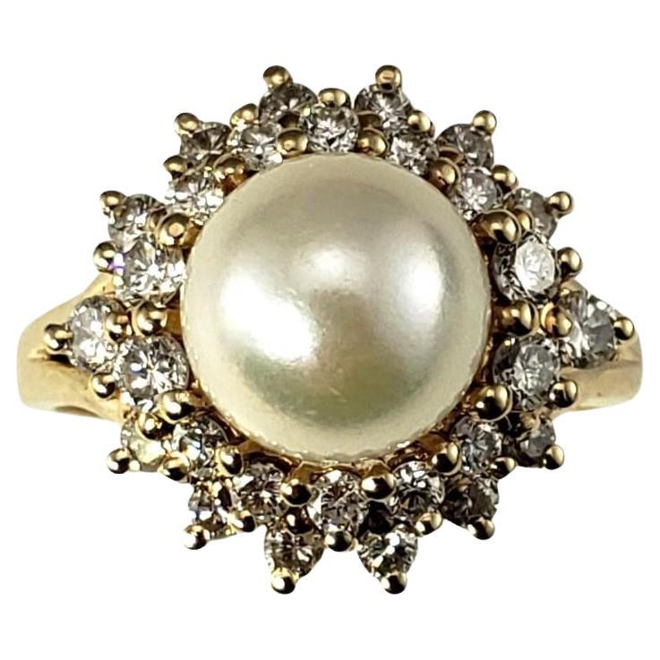 14 Karat Yellow Gold Pearl and Diamond Ring Size 7.5 #16651 For Sale