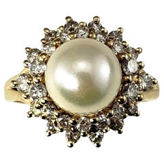 14 Karat Yellow Gold Pearl and Diamond Ring Size 7.5 #16651