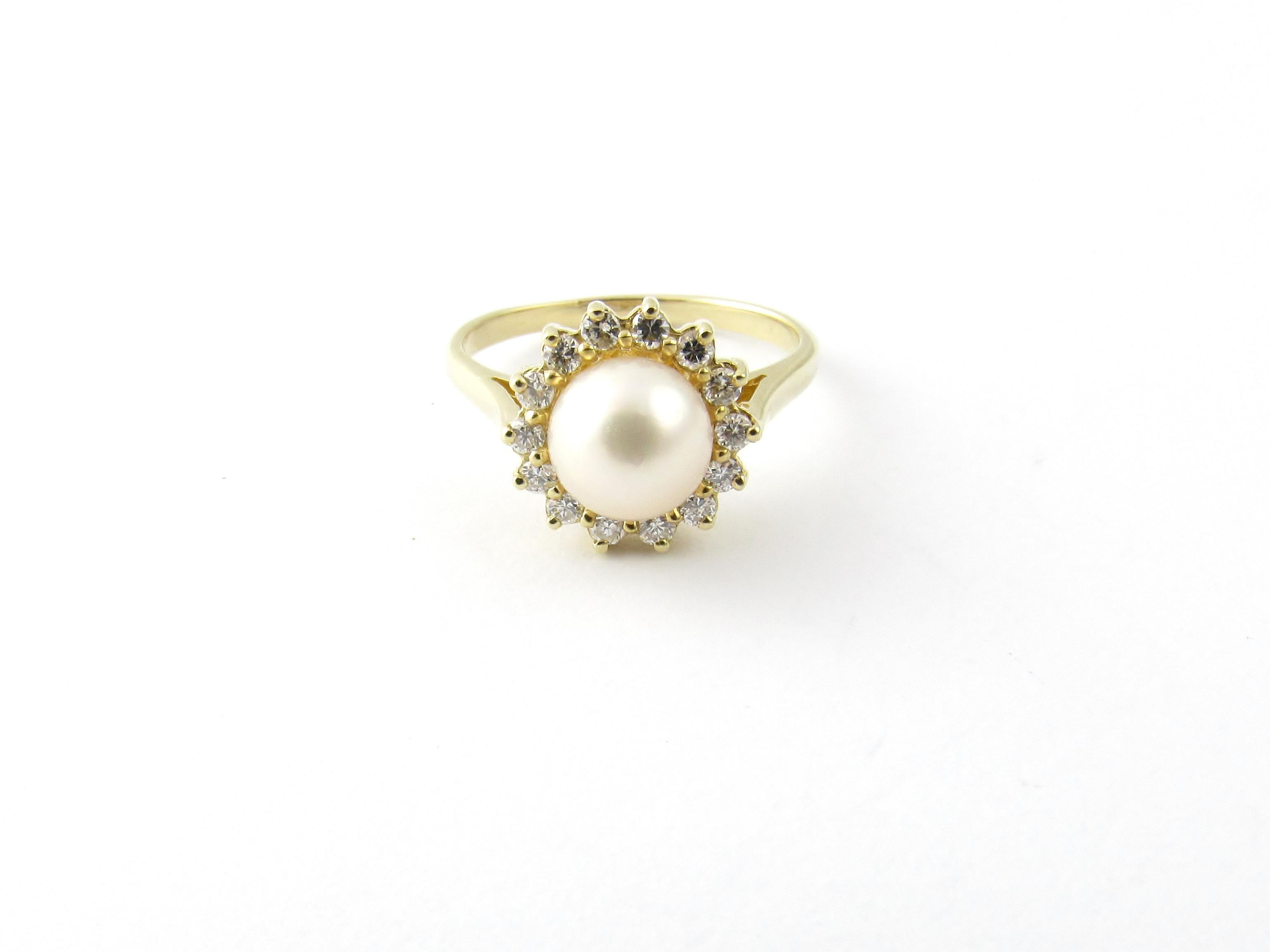 14 Karat Yellow Gold Pearl and Diamond Ring  1