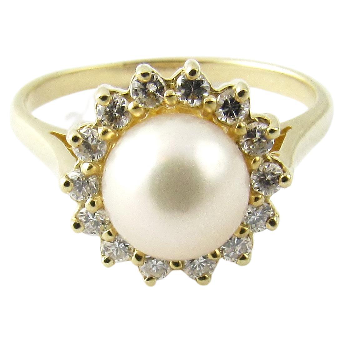14 Karat Yellow Gold Pearl and Diamond Ring 