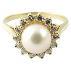 14 Karat Yellow Gold Pearl and Diamond Ring 