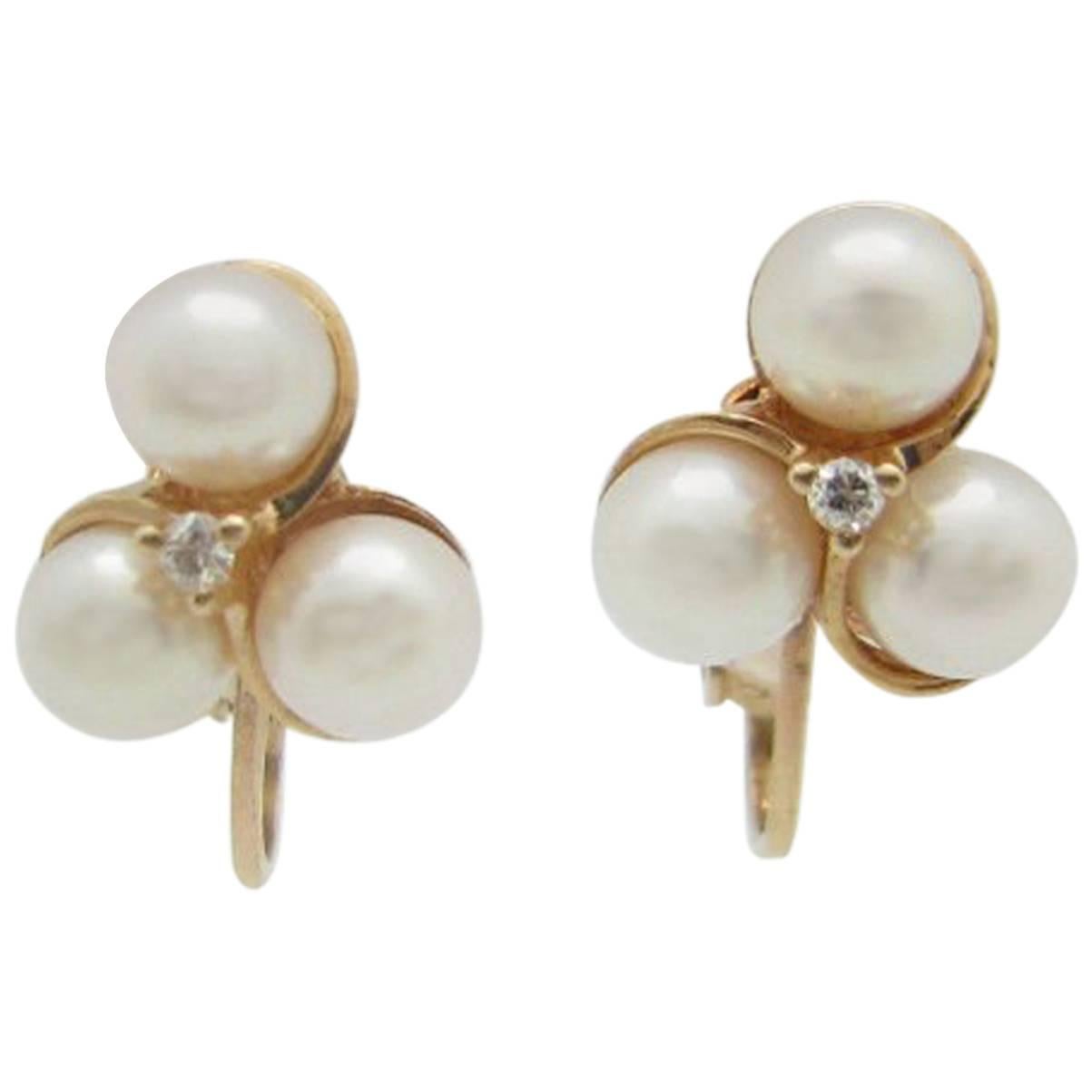 14 Karat Yellow Gold Pearl and Diamond Screw Back 
Non-Pierced
 Earrings