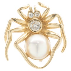 14 Karat Yellow Gold Pearl and Diamond Spider Pin