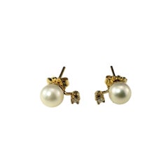 14 Karat Yellow Gold Pearl and Diamond Stud Earrings #17588
