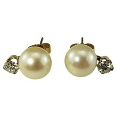 14 Karat Yellow Gold Pearl and Diamond Stud Earrings #19559