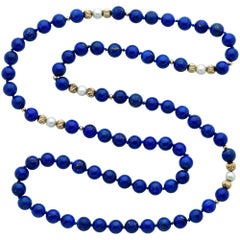 14 Karat Yellow Gold Pearl and Lapis Lazuli Bead Necklace