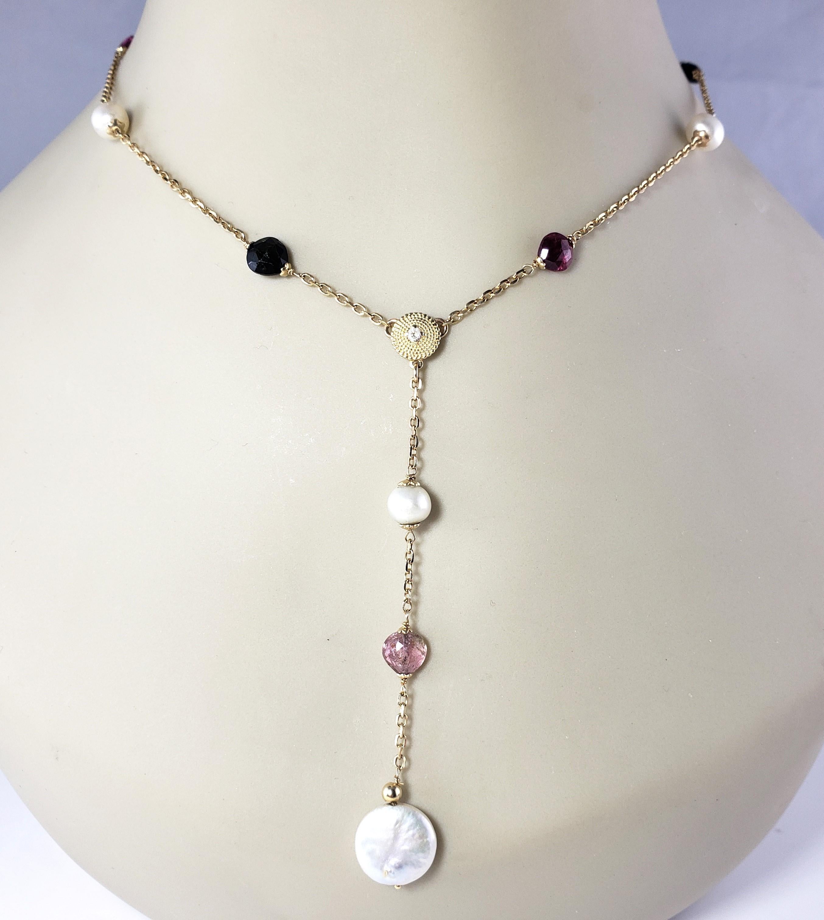 14 Karat Yellow Gold Pearl and Multi Gemstone Necklace #14689 For Sale 2