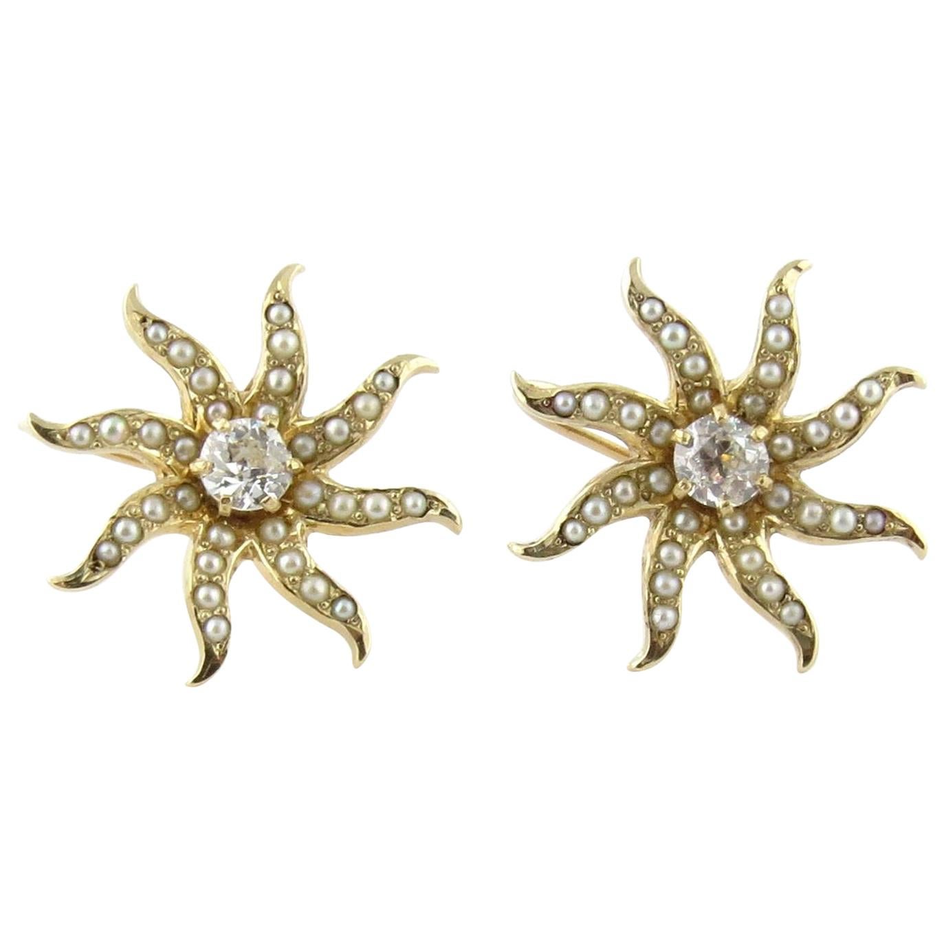 14 Karat Yellow Gold Pearl and Old Miner Diamond Sun Burst Earrings .66 Carat