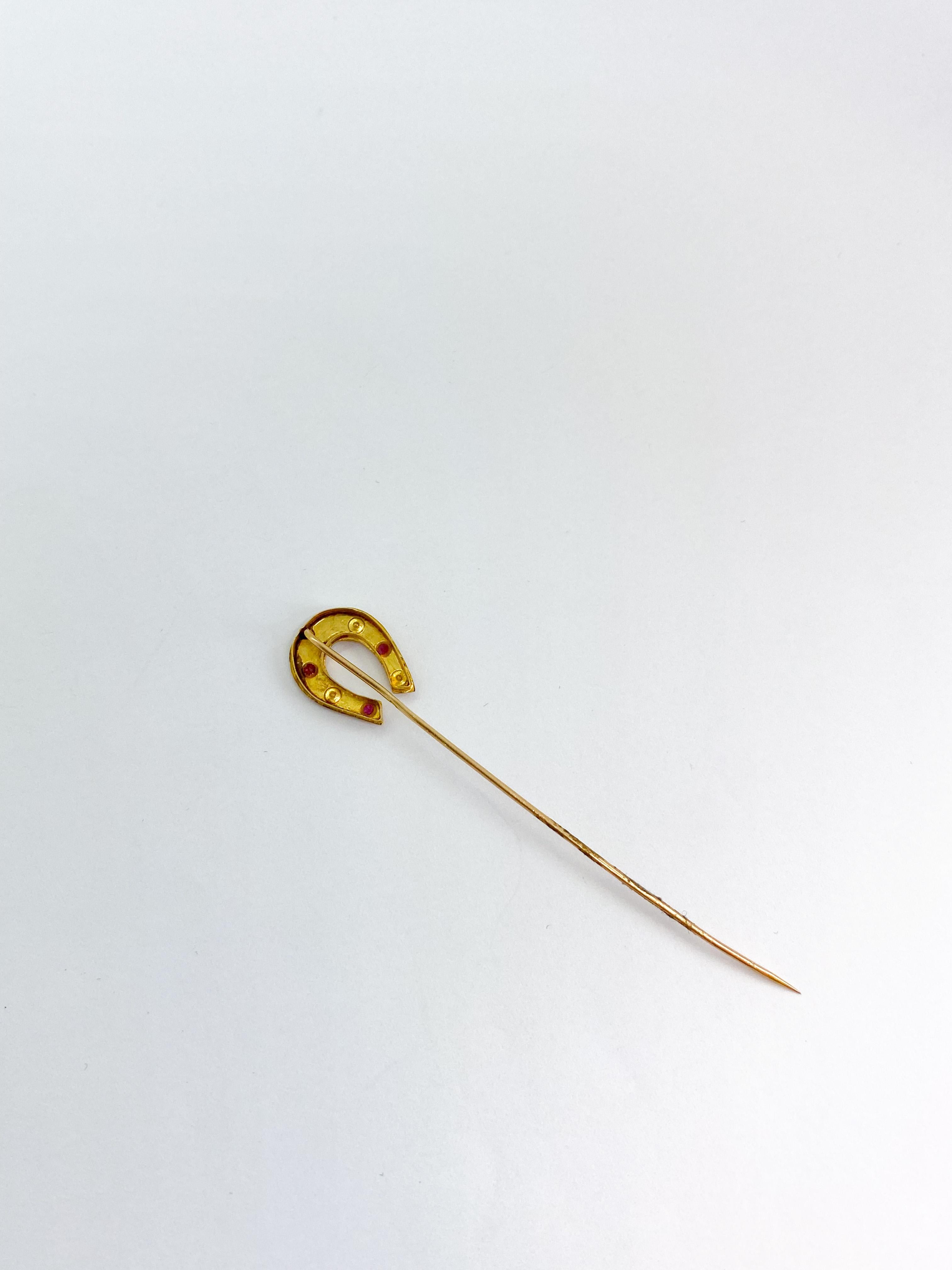 Late Victorian 14 Karat Yellow Gold Pearl and Red Stone Stickpin For Sale