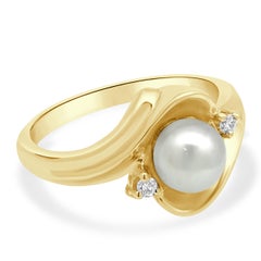 14 Karat Yellow Gold Pearl and Round Diamond Bypass Ring