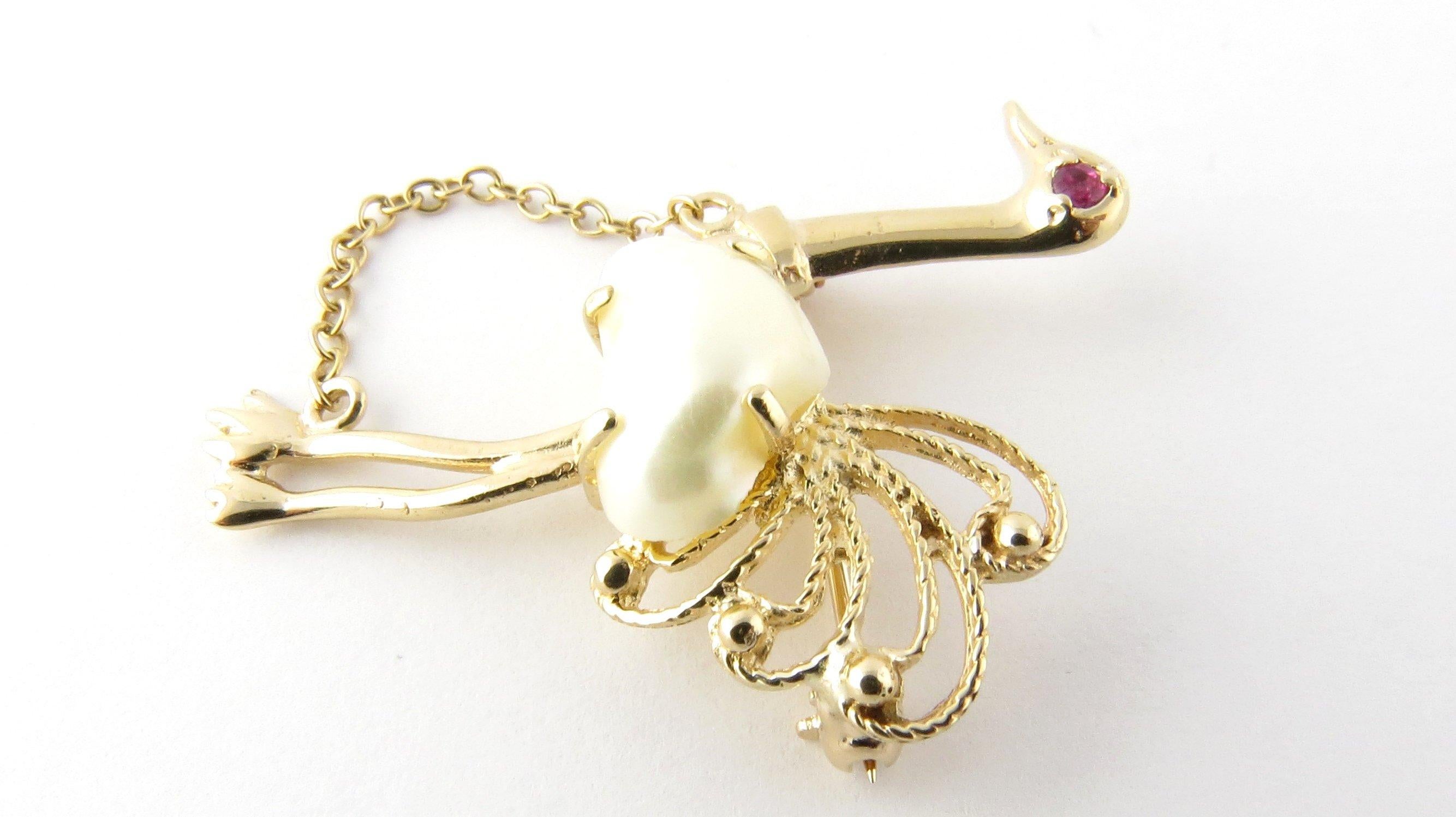 14 Karat Yellow Gold Pearl and Ruby Ostrich Brooch In Good Condition In Washington Depot, CT