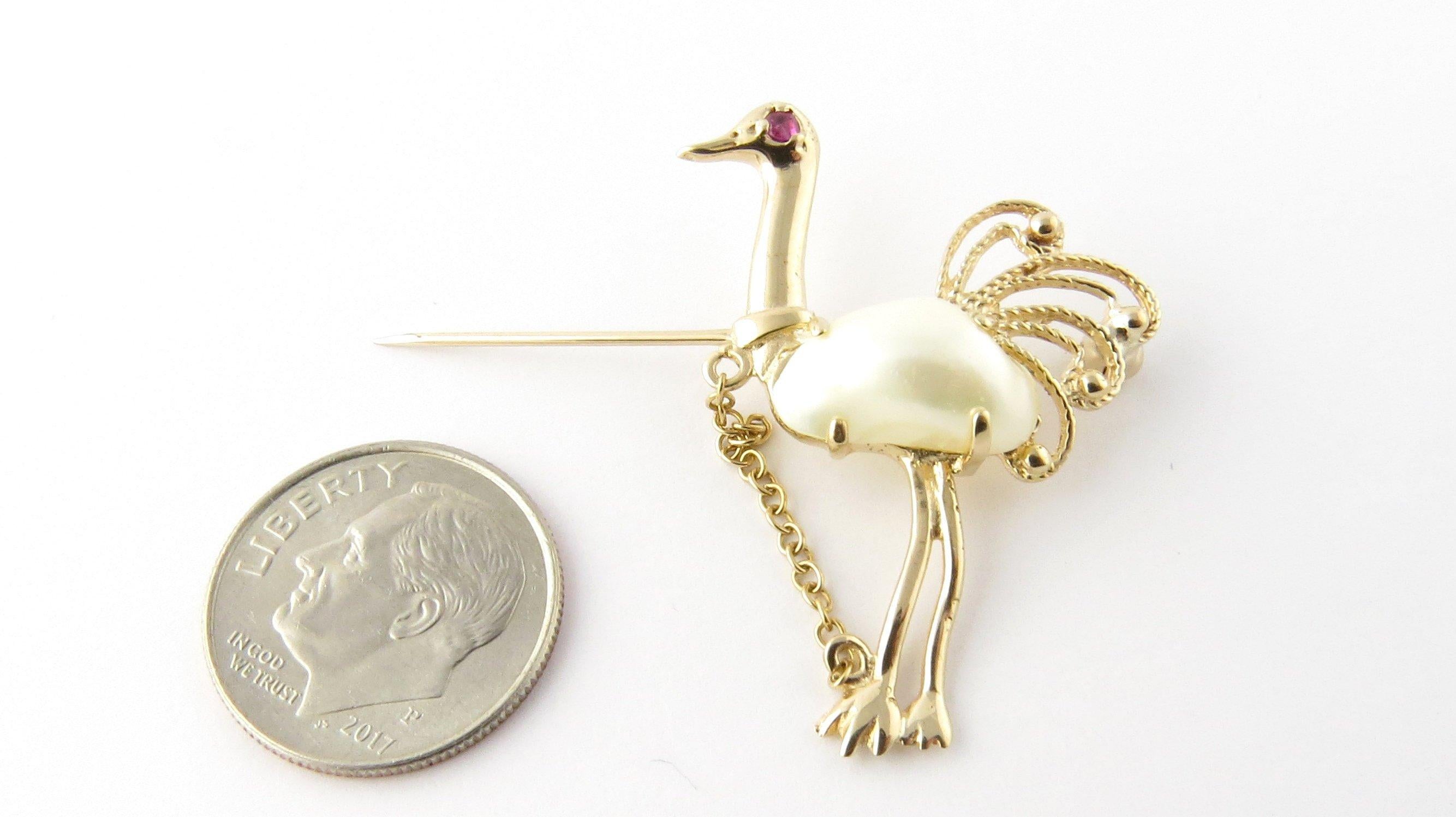 14 Karat Yellow Gold Pearl and Ruby Ostrich Brooch 2