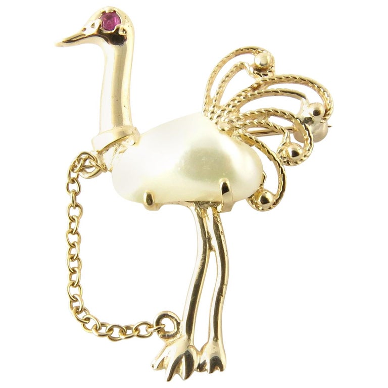 14 Karat Yellow Gold Pearl and Ruby Ostrich Brooch at 1stdibs
