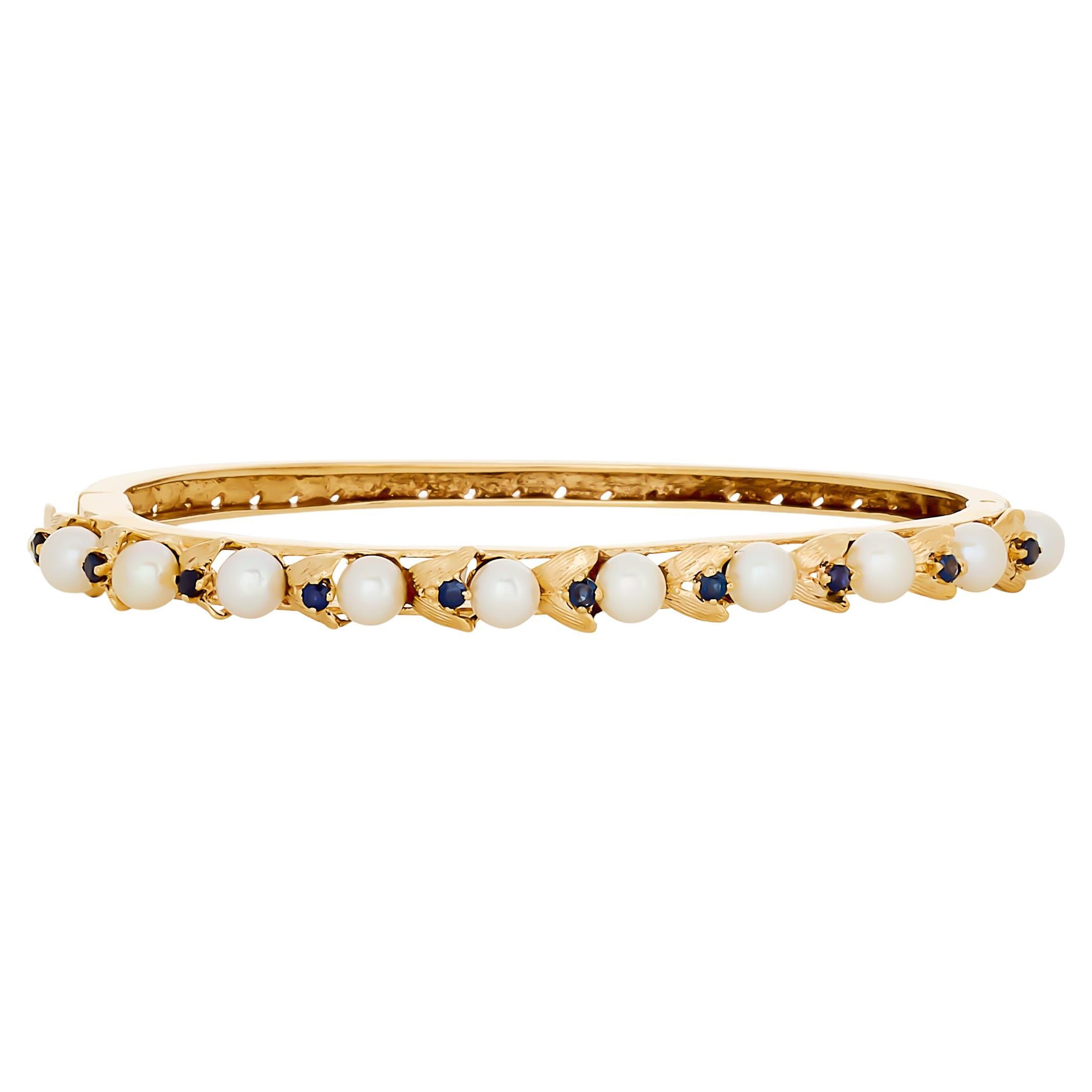 14 Karat Yellow Gold Pearl and Sapphire Alternating Bangle Bracelet