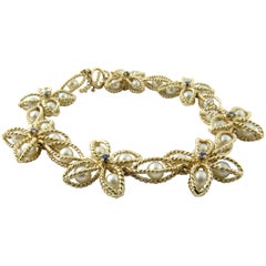 14 Karat Yellow Gold Pearl and Sapphire Bracelet