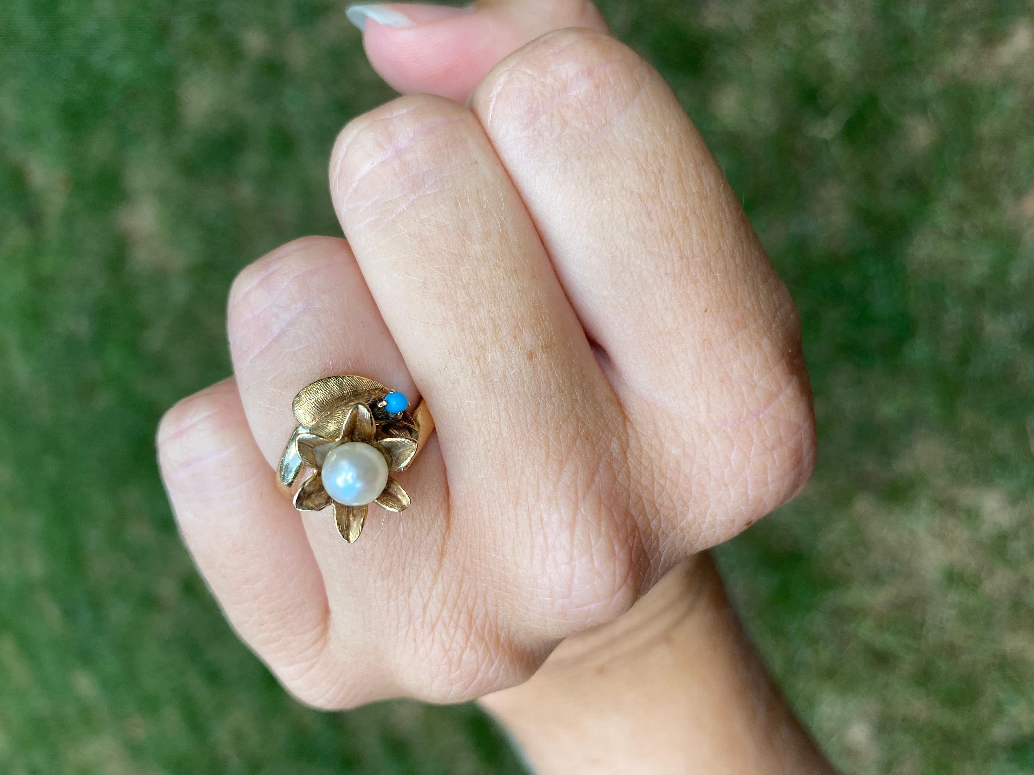 Women's or Men's 14 Karat Yellow Gold, Pearl and Turquoise Flower Bypass Ring