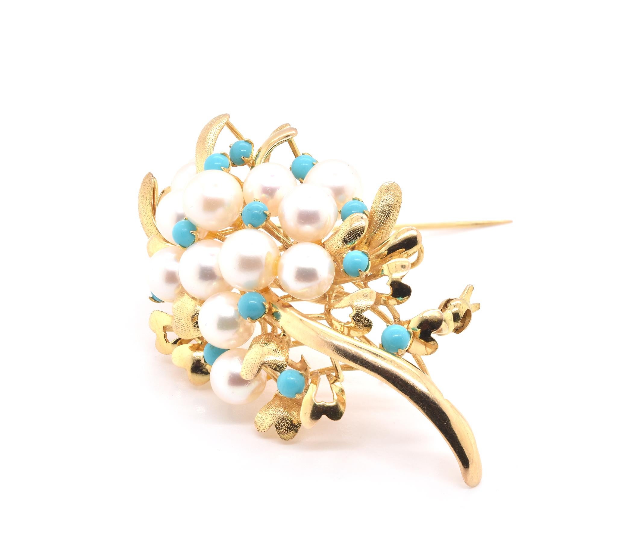 Round Cut 14 Karat Yellow Gold Pearl and Turquoise Pin