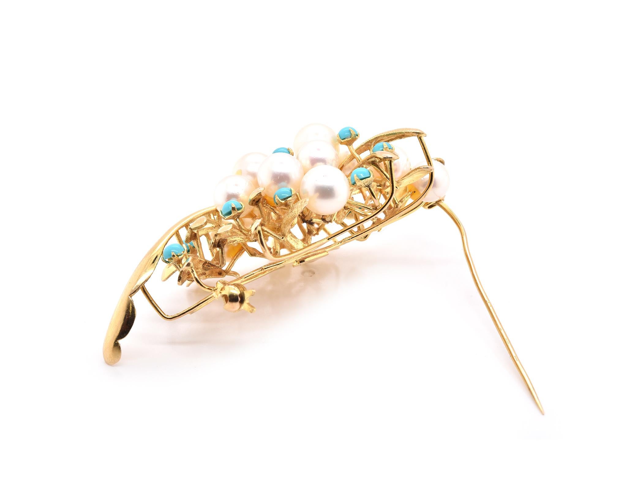 14 Karat Yellow Gold Pearl and Turquoise Pin In Excellent Condition In Scottsdale, AZ