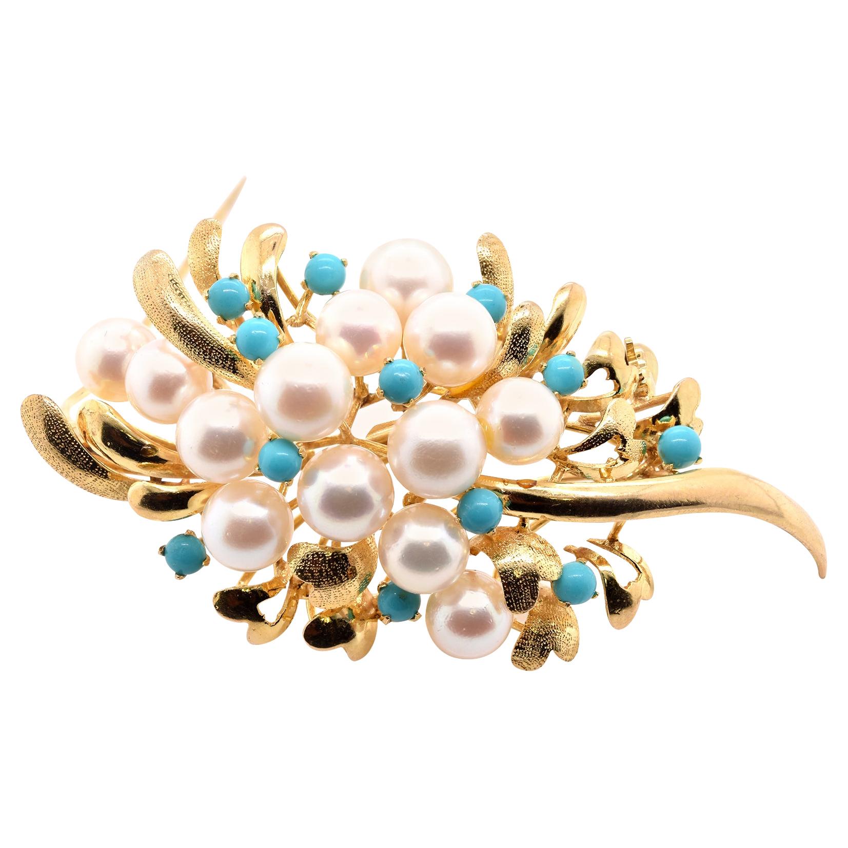 14 Karat Yellow Gold Pearl and Turquoise Pin