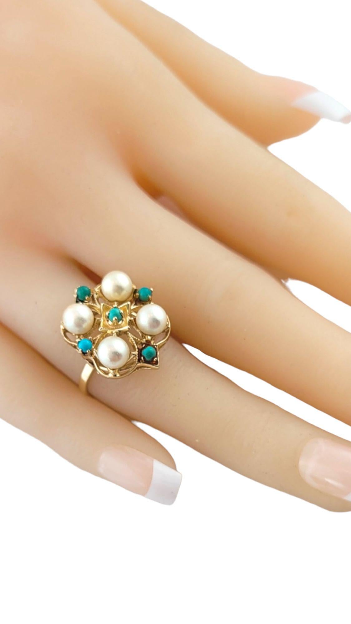14 Karat Yellow Gold Pearl and Turquoise Ring Size 7.25 #14656 For Sale 1