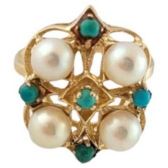 14 Karat Yellow Gold Pearl and Turquoise Ring Size 7.25 #14656