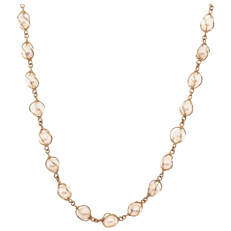 14 Karat Yellow Gold Pearl Beaded Necklace For Sale at 1stDibs