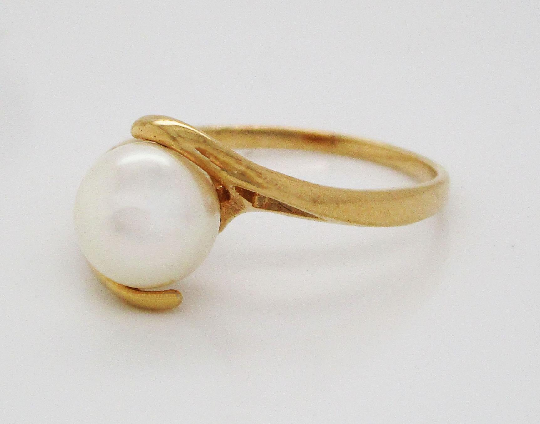 Modern 14 Karat Yellow Gold Pearl Bypass Engagement Ring