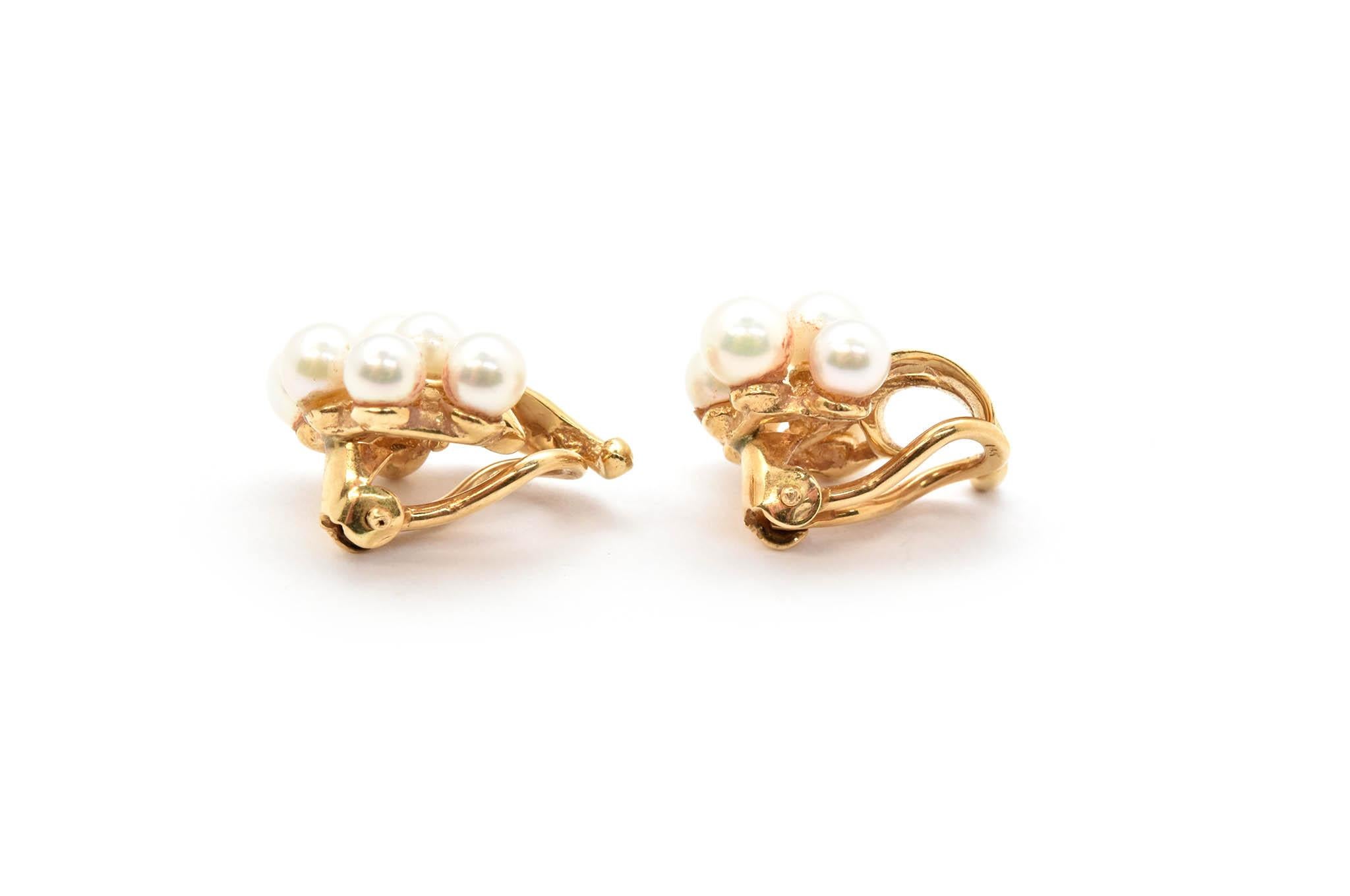 14 Karat Yellow Gold Pearl Cluster Clip-On Earrings In Excellent Condition In Scottsdale, AZ