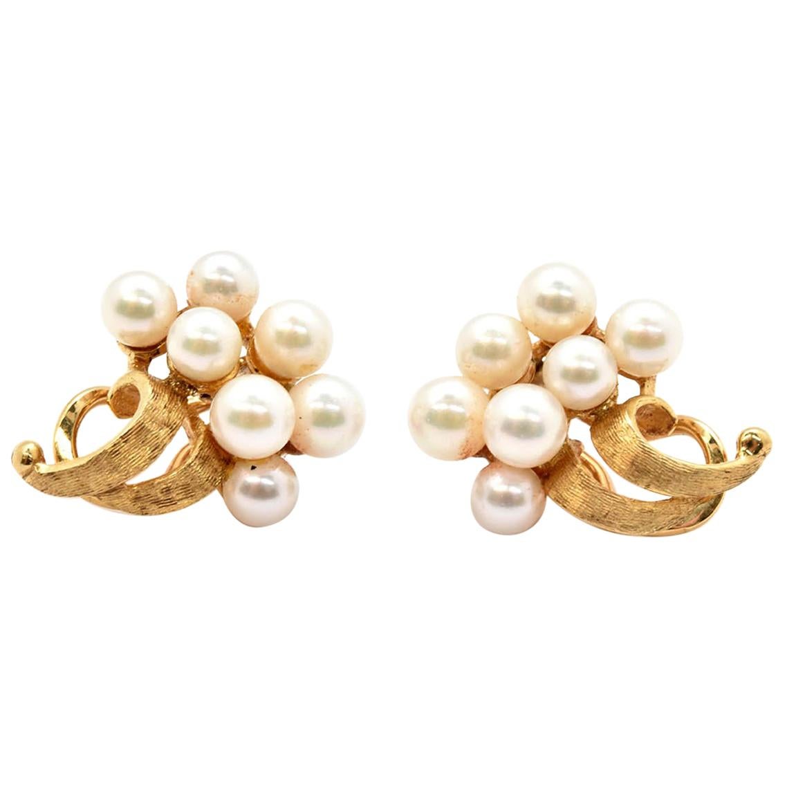 14 Karat Yellow Gold Pearl Cluster Clip-On Earrings