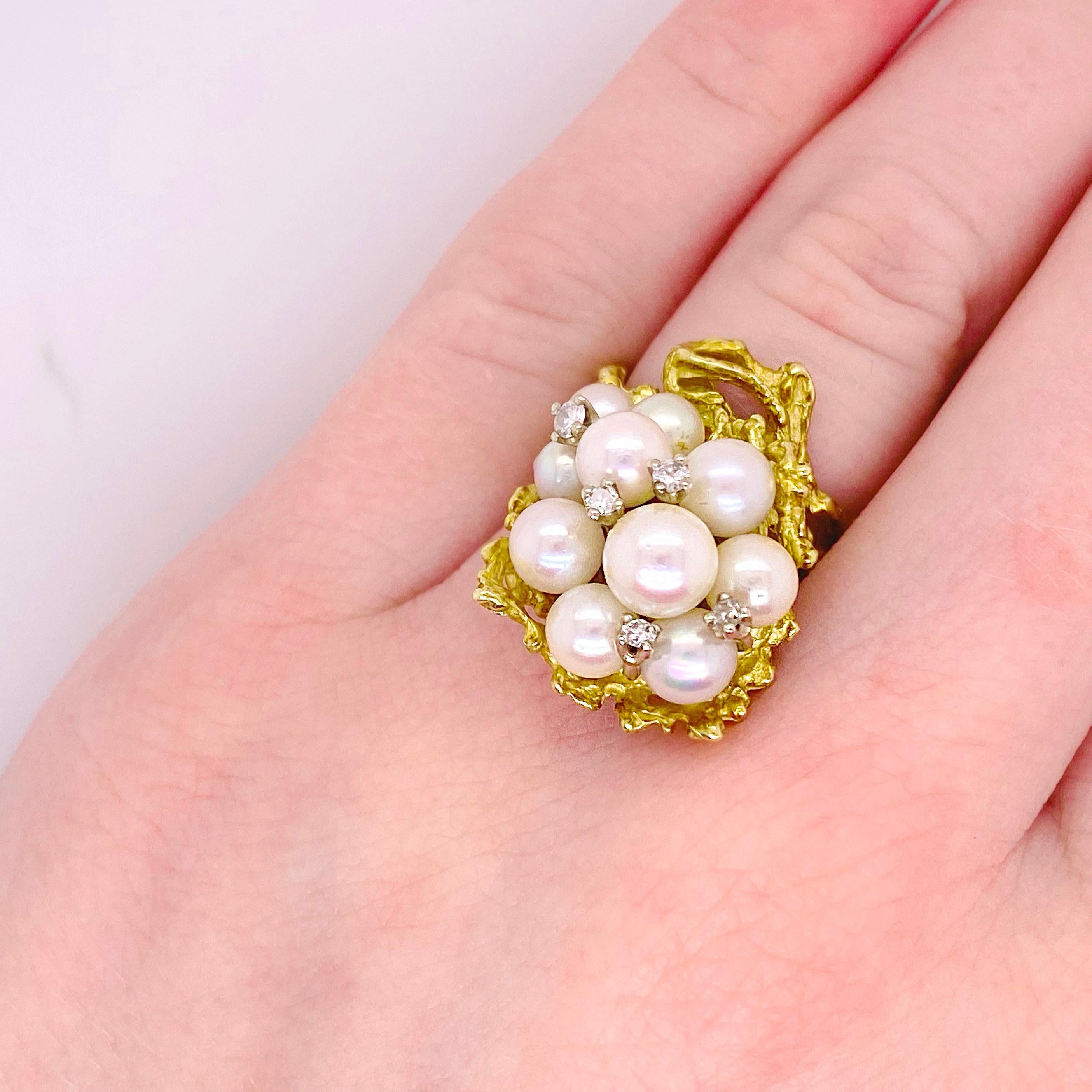 This stunning Akoya pearl and diamond cluster ring is a gorgeous unique ring that will complement any look. Its uniquely crafted setting gives an organic oceanic feeling to the ring. 
Metal Quality: 14 kt Yellow Gold 
Diamond Number: 5
Diamond Total